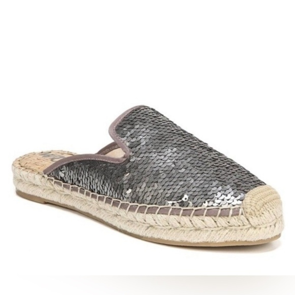 NWOT Sam Edelman Kerry Espadrille Mule Grey Silver Sequins - Size 10